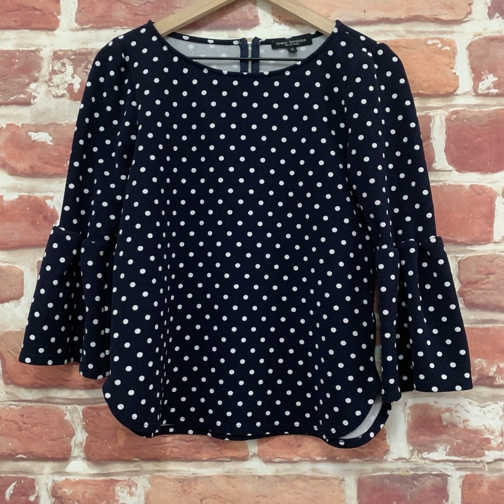Green Envelope Top Womens Medium Dark Blue White Polka Dot Everyday Casual Shirt